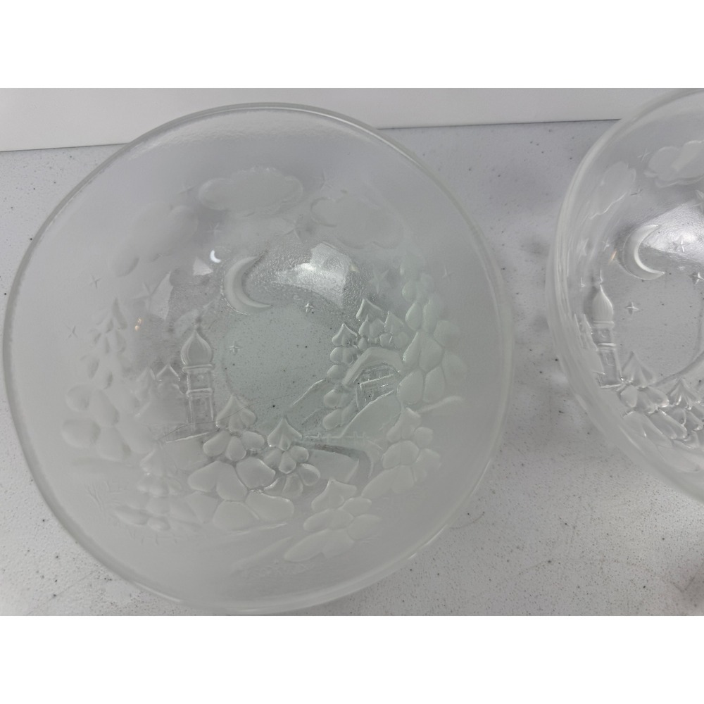 Vintage Frosted Glass Winter Scene Bowls Set of 4 Christmas Village Moon Stars - Picture 6 of 8